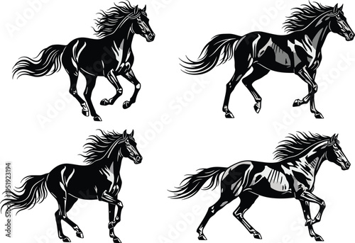 Collection of four black horse silhouettes in running motion with detailed flowing manes and tails isolated on white background background