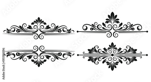 An arrangement of four ornate symmetrical black floral design elements likely used for decorative borders or dividers high quality