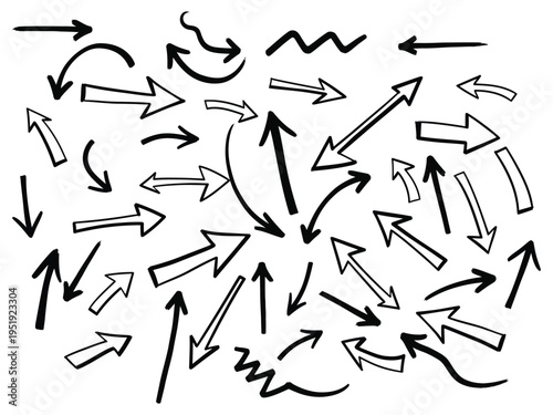 A collection of diverse arrows pointing in various directions on a white background