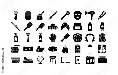 Self care beauty treatment accessories featuring facial cleansing brush, silicone facial scrubber, facial steamer device,