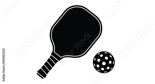 A simple black and white illustration depicts a paddle and a perforated ball representing the sport of pickleball