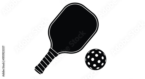 A simple black and white illustration depicts a paddle and a perforated ball representing the sport of pickleball