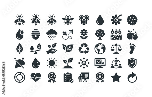 Bee colony ecology and pollination concept symbols showing honeybee insect icon, queen bee icon, worker bee icon, drone bee icon,