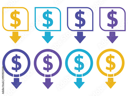 Multicolored dollar sign icons with arrows pointing downward in various shapes