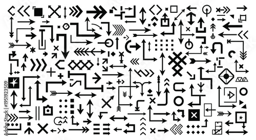 A collection of various black arrows and symbols on a white background for design and directional indicators