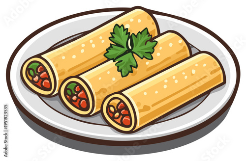 Plate of three cannelloni pasta rolls with garnish