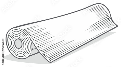 Rolled-up exercise mat illustration, drawing style, grayscale, studio shot.