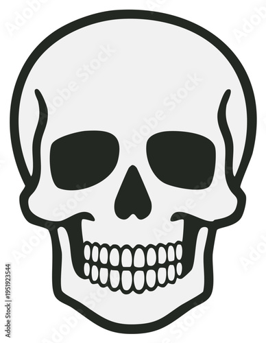 Black and white skull illustration, graphic design element for Halloween