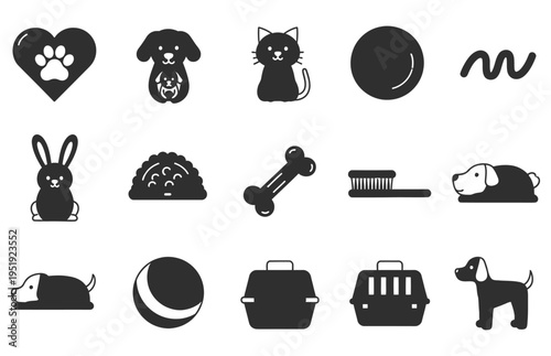 Black and white pet icons including animals and pet care items