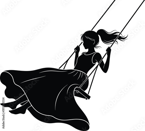 Silhouette of a little girl in a dress holding a bunch of balloons isolated on white background for birthday celebration