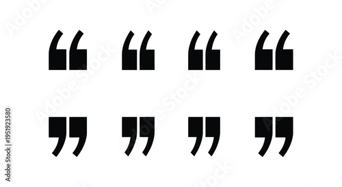 A minimalist composition featuring eight sets of black quotation marks arranged on a clean white background high quality professional