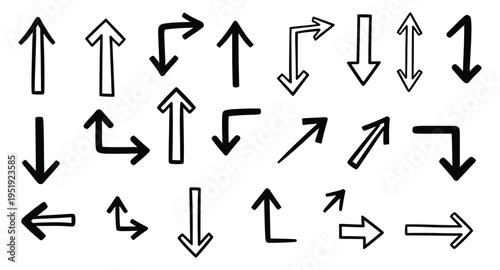 Collection of various black arrows on white background for directional indication