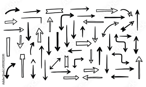 Collection of various black arrows on white background for directional indication