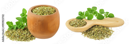 Oregano or marjoram leaves fresh and dry in wooden bowl and spoon isolated on white background. Top view. Flat lay.