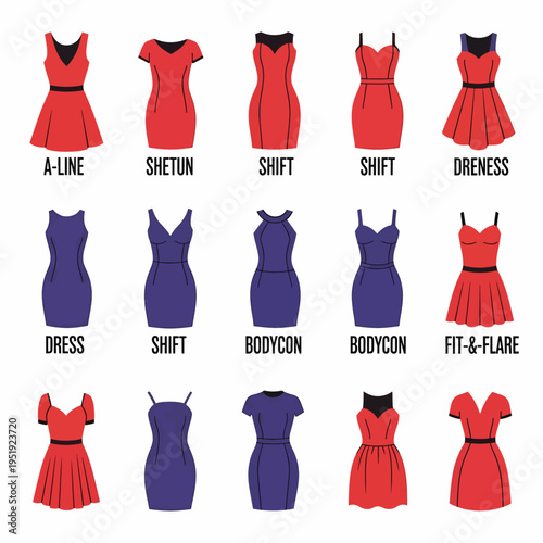 Various kinds of red and blue dresses are artistically organized on a plane providing a guide to styles and shapes for different body types and offering a comprehensive overview of fashion