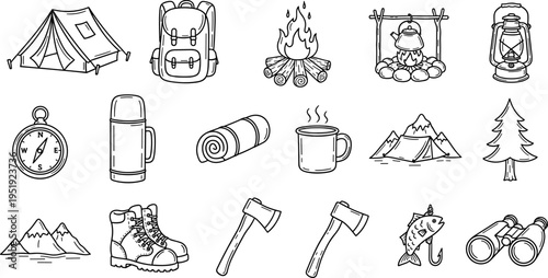 Collection of hand-drawn camping and outdoor adventure icons for graphic design