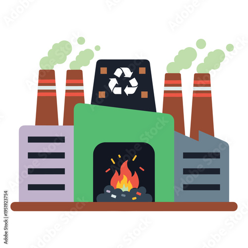 Colored waste to energy factory illustration with recycling furnaces