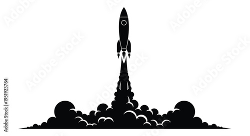 A sleek black silhouette of a rocket launching with a trail of smoke and fire below high quality professional