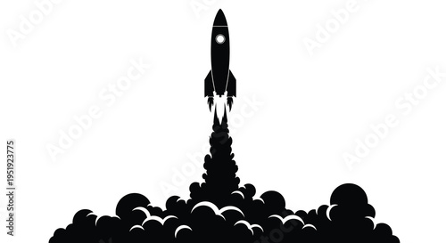 A striking black silhouette depicts a rocket launching with intense flames and billowing smoke symbolizing space exploration high quality