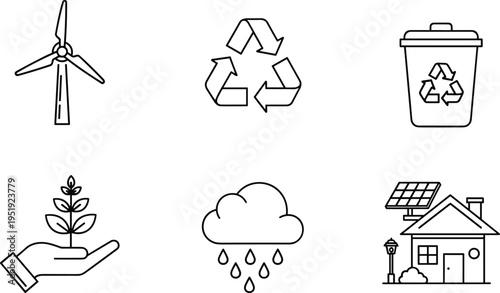 Eco Friendly Linear Icon Set For Sustainable Energy Environment Conservation Renewable Power Recycling Wind Turbine Solar House Rain And Waste Management