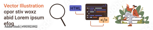 Web design, coding, programming, IT learning, debugging, technology education. Magnifying glass, HTML elements and a person coding. Web development and programming concept