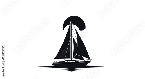 A striking black silhouette of a sailboat glides across a calm water surface framed by a large moon and subtle clouds