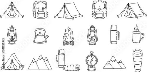 Camping gear and outdoor items illustrated in a line art style