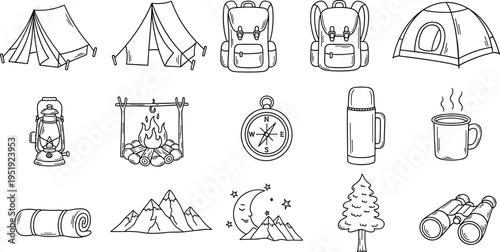 Collection of hand-drawn camping and outdoor adventure icons for travel and exploration