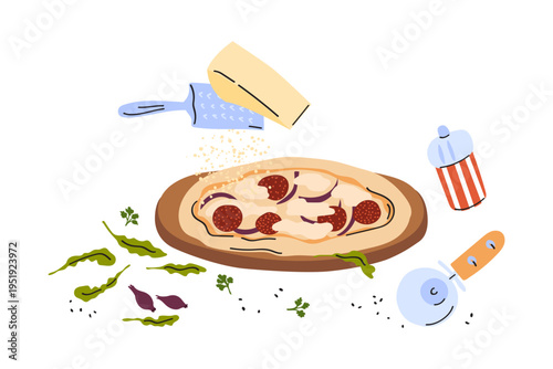 Italian pizza with arugula, salami, parmesan cheese, onion. Whole pizza on cutting board and ingredients and cutlery. Vector illustration.