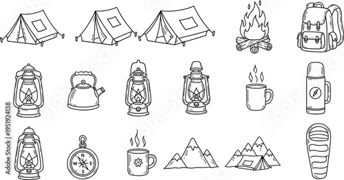 Collection of hand-drawn camping and outdoor adventure icons in a simple line art style