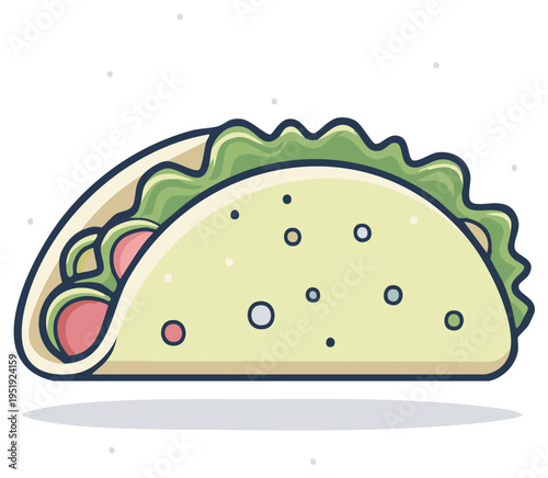 Tasty Taco Illustration with Lettuce, Tomato and Meat Filling in a Warm Tortilla Wrap Food Icon