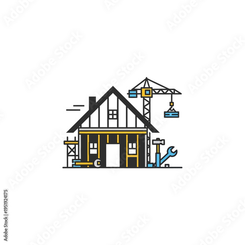 House under construction with crane.