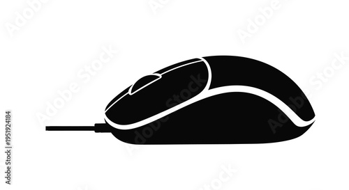 A stark black and white silhouette depicts a standard computer mouse with a visible cable connection high quality professional detailed modern
