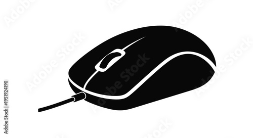 A minimalist black and white illustration depicts a computer mouse with a cable showcasing its ergonomic design high quality