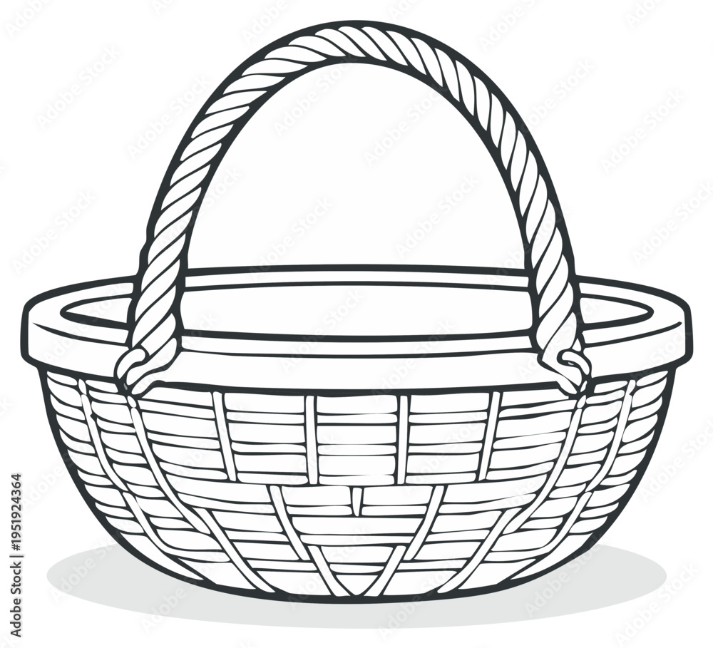 Fototapeta premium Handwoven wicker basket with a braided rope handle depicted in a simple outline drawing