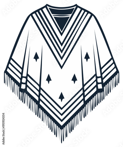 Stylish Boho Poncho Outline Icon Garment Illustration with Stripes and Fringe Details