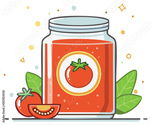 Fresh Tomato Preserve in a Jar with Whole and Sliced Tomatoes and Green Leaves
