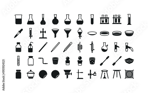 Chemistry laboratory glassware including beaker glass, conical flask erlenmeyer, volumetric flask bulb, round bottom flask, flat