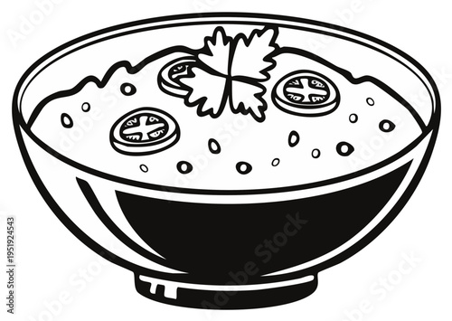 Soup bowl line art with tomatoes and parsley garnish for culinary illustration