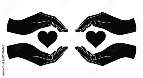 Two pairs of dark hands gently cradle two filled hearts symbolizing love care and protection in a stark design