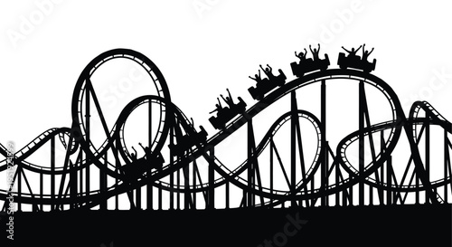 A striking black silhouette depicts a thrilling rollercoaster ride with riders ascending and descending curves high quality professional detailed