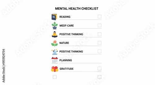 Checklist for Mental Wellness Promoting a Healthy Mindset through Reading Self Care Positive Affirmations Nature Engagement Scheduled Planning and Practicing Gratitude fostering mindfulness and