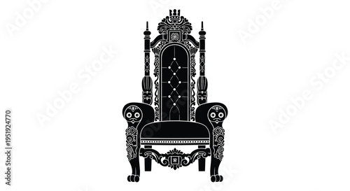 An ornate black silhouette of a regal throne chair is prominently displayed against a stark white background high quality
