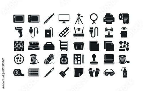 Creative studio workshop accessories featuring light tracing pad, drawing tablet device, stylus pen tool, digital monitor display,