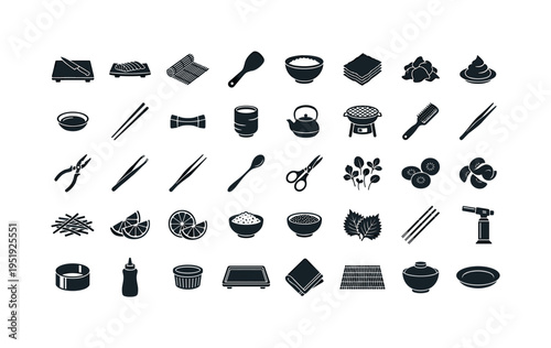 Craft blade finishing and culinary preparation accessories showing sushi slicing board, sashimi serving plate, bamboo sushi mat,