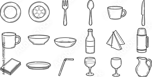 Collection of hand-drawn kitchen and dining utensils and tableware icons