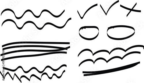 A collection of various black squiggly lines and shapes on a white background