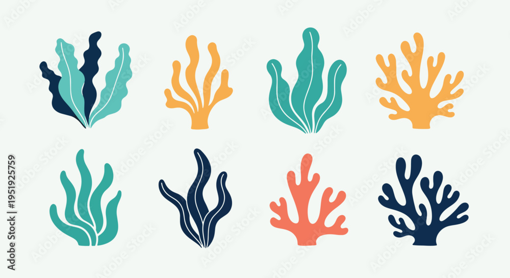 Fototapeta premium Botanical Variety in Aquatic Seaweed Shapes and Colors Showcasing the Beauty of Marine Flora Diverse Aquatic Plants Collection Decorative Plants in Various Colors and Aesthetic
