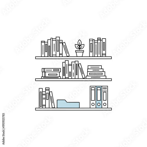 Books and binders on shelves.