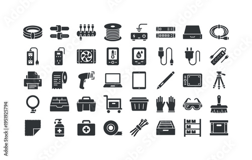 Data center rack accessories featuring cable management rings, Velcro cable straps, patch cable organizer, fiber optic cable spool